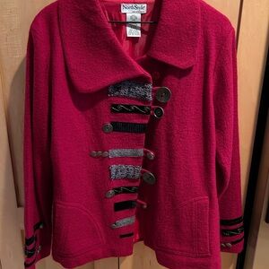 NorthStyle Women's Wool Red Blazer with Decorative Buttons